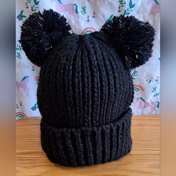 Vintage Y2K Betsey Johnson Black & Rainbow Sparkle 2 PomPom Casual Beanie Hat - Picture 1 of 5